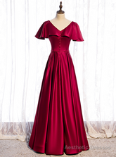 Burgundy Satin V-neck Short Sleeve Prom Dress